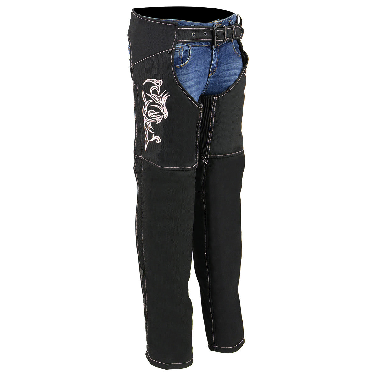 Milwaukee Leather Women's black textile motorcycle riding chaps with pink accents and tribal embroidery.