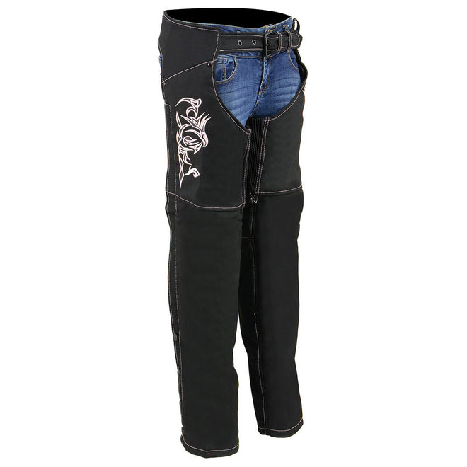 Milwaukee Leather Women's black textile motorcycle riding chaps with pink accents and tribal embroidery.