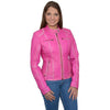 Milwaukee Leather women's pink scuba-style sheepskin leather jacket, showcasing a fashionable women's jacket with a sleek fit and textured design.