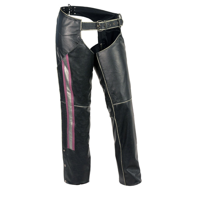 Milwaukee Leather Women's Pink Stripe black leather chaps with low-rise fit and classic style, featuring a rub-off leather finish.