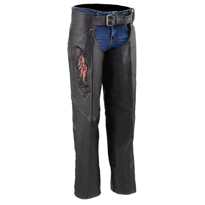 Milwaukee Leather women's black leather chaps with pink wing embroidery, featuring classic motorcycle style and durable construction.