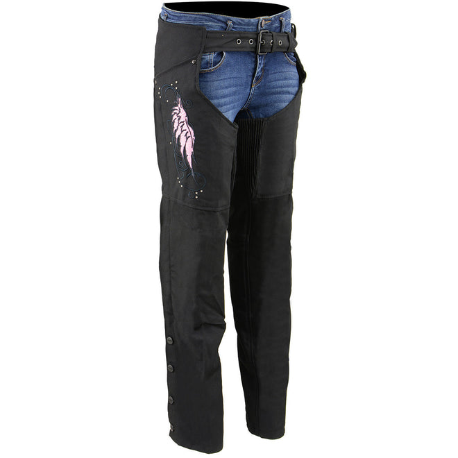 Milwaukee Leather women's black and pink textile winged chaps with detailed wing design on the sides.