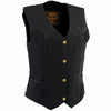 Milwaukee Leather women's black denim vest with plain sides and three snap front closure, casual women's vest for everyday wear.
