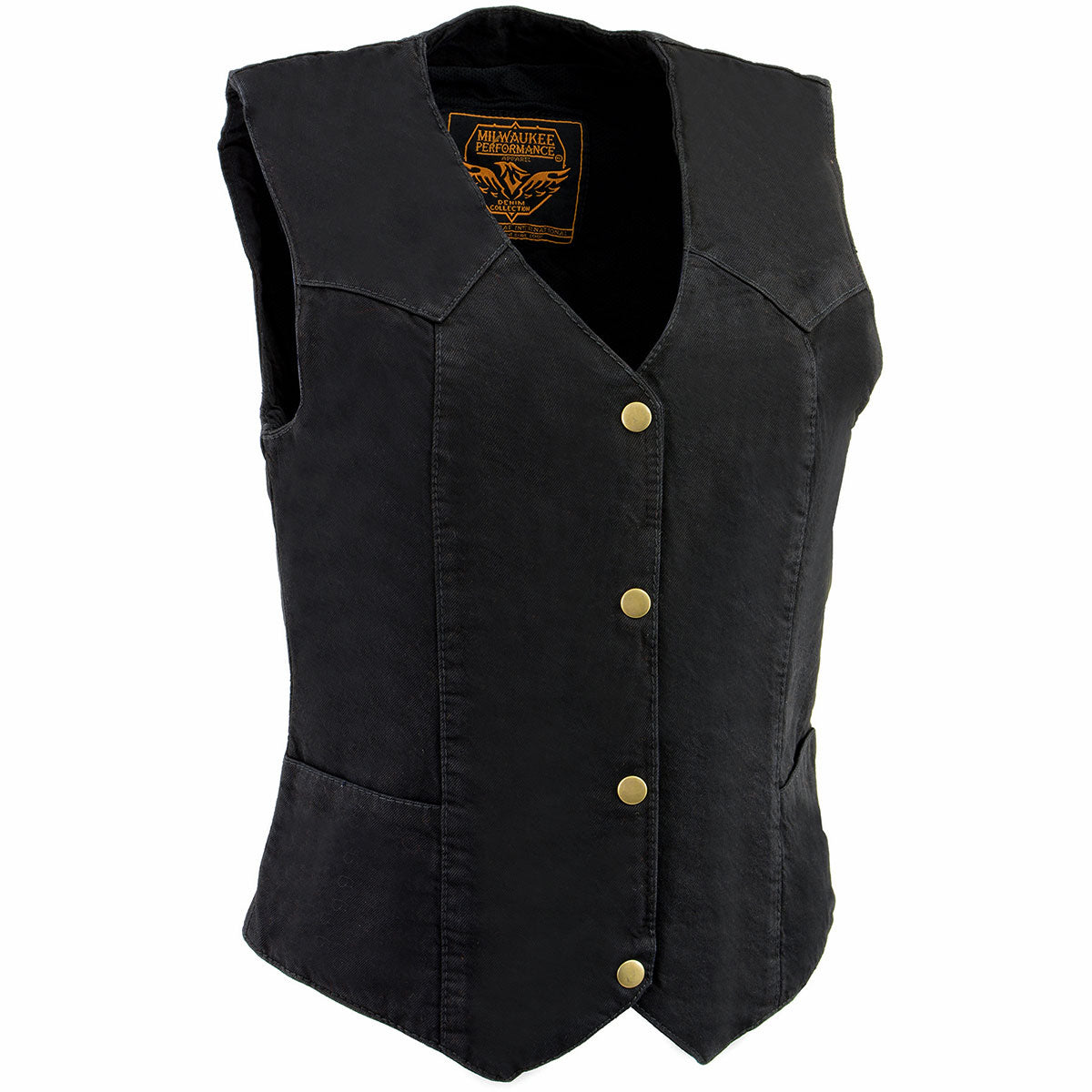 Milwaukee Leather women's black denim vest with plain sides and three snap front closure, casual women's vest for everyday wear.