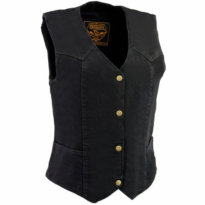 Milwaukee Leather women's black denim vest with plain sides and three snap front closure, casual women's vest for everyday wear.