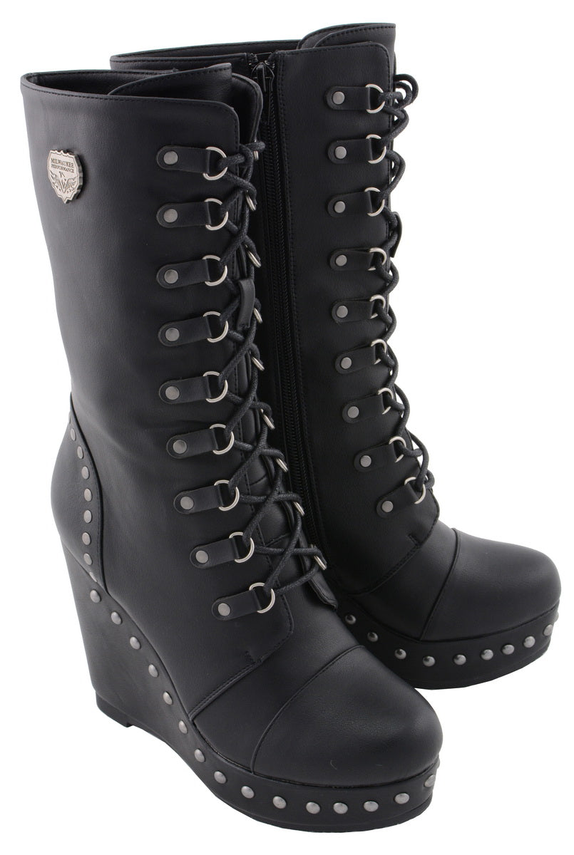 Milwaukee Leather women's black lace-up platform wedge boots with chunky heel and stylish design.
