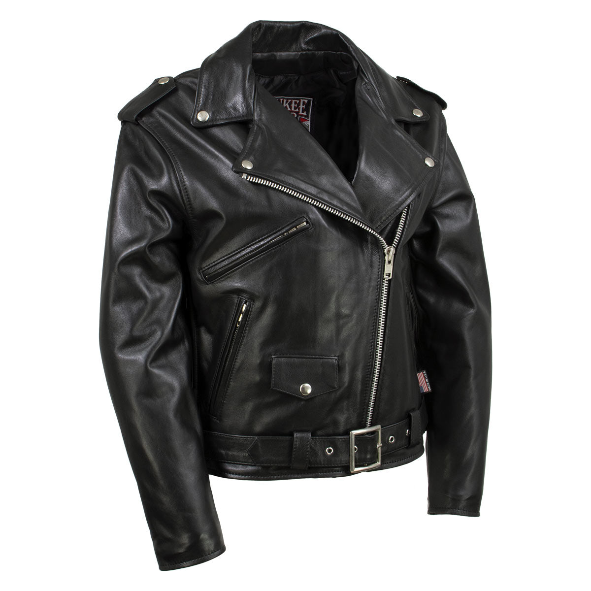 Milwaukee Leather women's black motorcycle-style leather jacket, premium classic design, with tailored fit and stylish details.