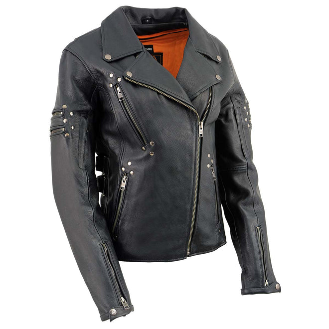 Milwaukee Leather women's black motorcycle jacket with rivets, premium leather, stylish design, and tailored fit.