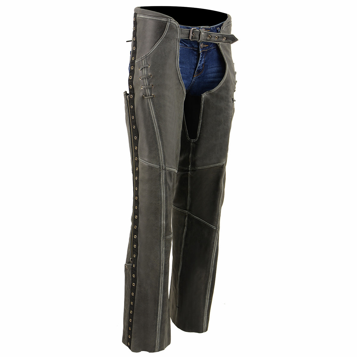 Milwaukee Leather women's distress grey leather chaps with lace and grommet details, designed for motorcycle riding.