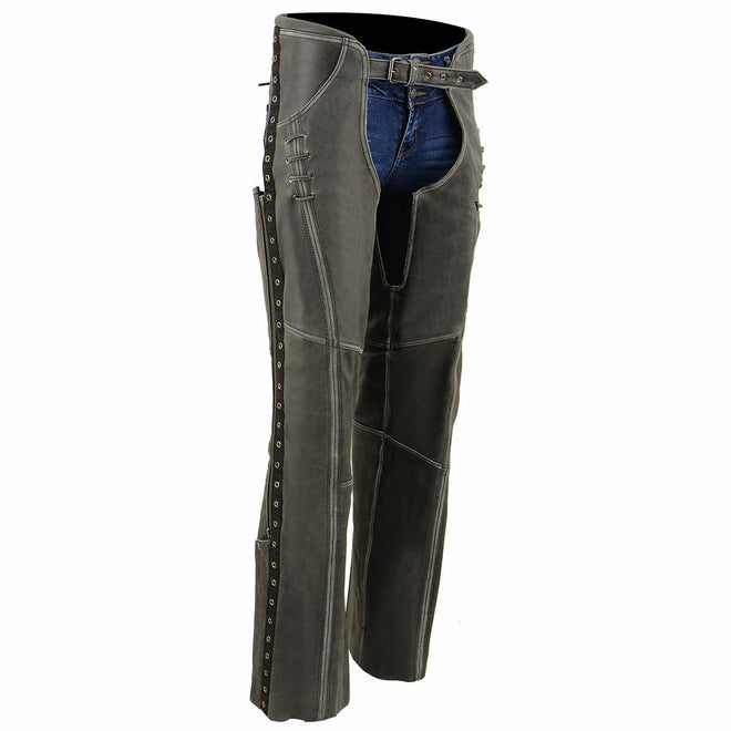 Milwaukee Leather women's distress grey leather chaps with lace and grommet details, designed for motorcycle riding.