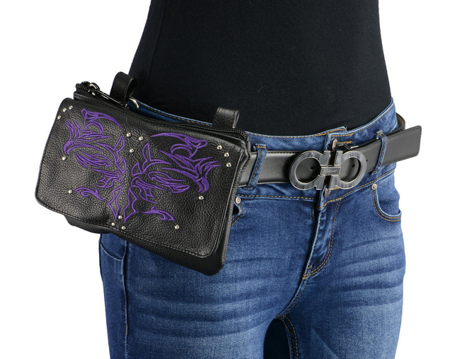 Milwaukee Leather women's black and purple leather belt bag with multiple pockets, clip and thigh strap for versatile carrying.