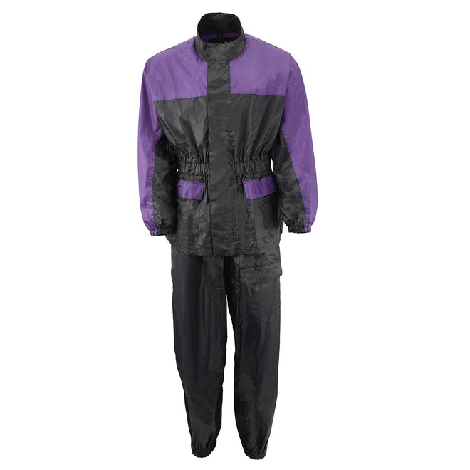 Milwaukee Leather women's purple and black waterproof rain suit with cinch sides, designed for comfort and weather protection.