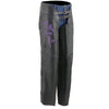 Milwaukee Leather women's purple and black leather motorcycle chaps with low-rise waist, double buckle, reflective embroidery, and reflective details.