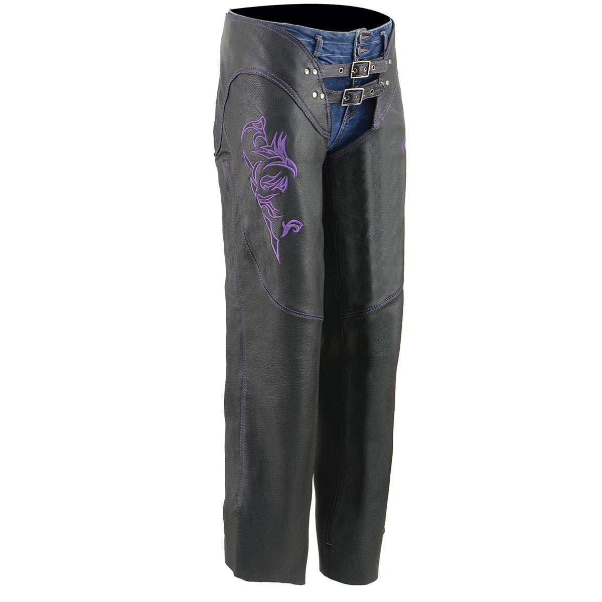 Milwaukee Leather women's purple and black leather motorcycle chaps with low-rise waist, double buckle, reflective embroidery, and reflective details.