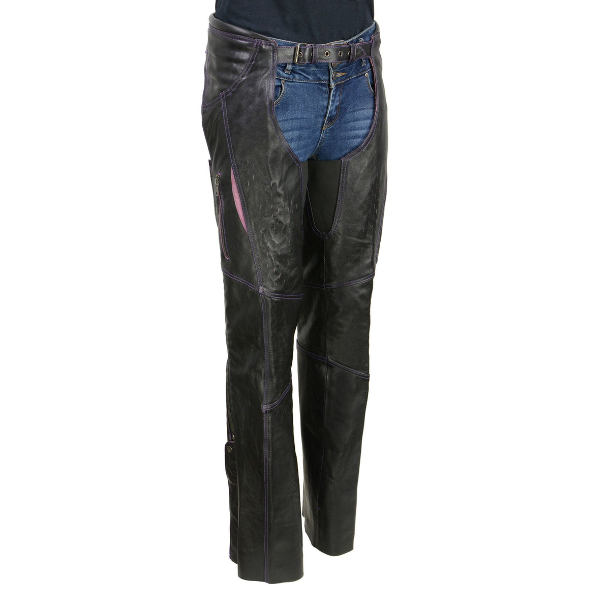 Milwaukee Leather women's black and purple chaps with laser-cut accents and stitching, designed for motorcycle riding.