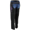 Milwaukee Leather women's black textile motorcycle riding chaps with purple accents and tribal embroidery, designed for protection and style.