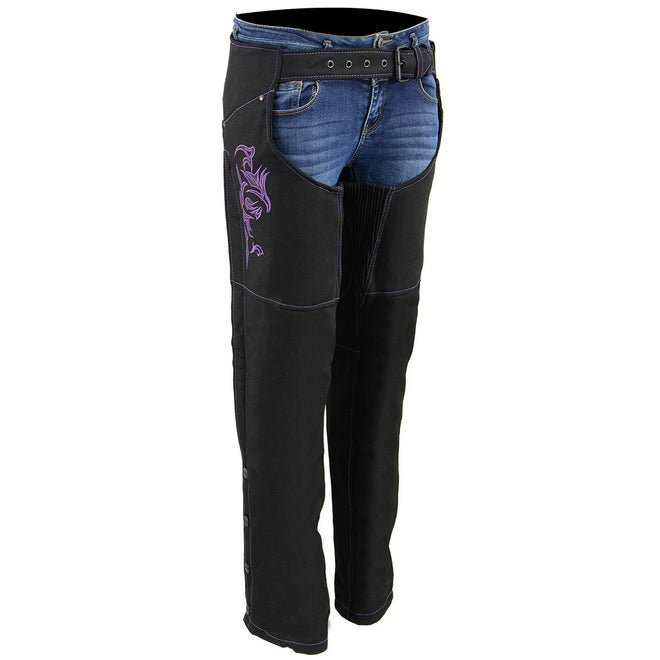 Milwaukee Leather women's black textile motorcycle riding chaps with purple accents and tribal embroidery, designed for protection and style.