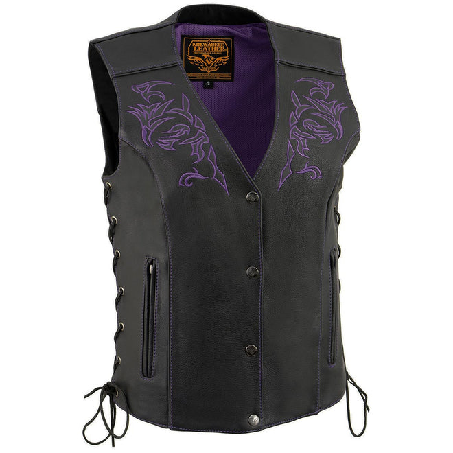 Women's purple motorcycle rider vest by Milwaukee Leather featuring black leather, side lace, reflective piping, and purple skull accents.