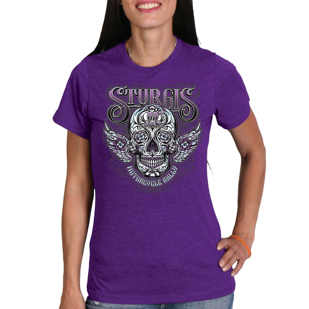 Hot Leathers Women's Heather Purple Sugar Skull T-Shirt, 2023 Sturgis event-dated shirt with vintage design and antique finish.