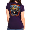 Women's Heather Purple Hot Leathers Sturgis 2023 American Lady Double Sided T-Shirt with event date and graphic design.