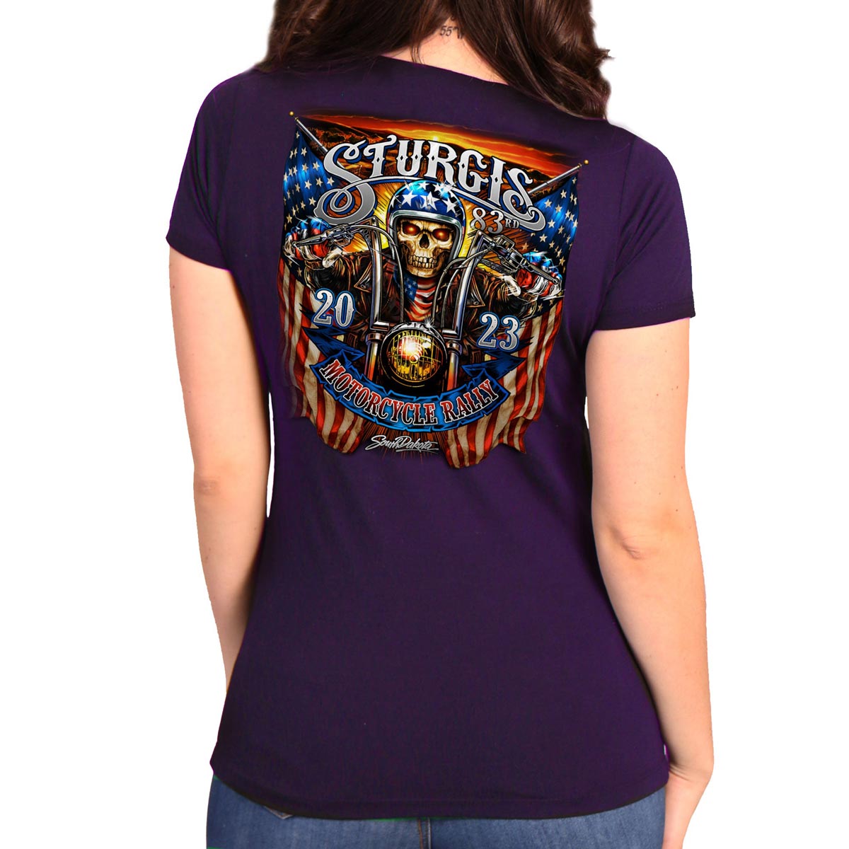 Women's Heather Purple Hot Leathers Sturgis 2023 American Lady Double Sided T-Shirt with event date and graphic design.