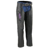 Milwaukee Leather women's black leather chaps with purple wing embroidery and classic design, motorcycle riding gear.