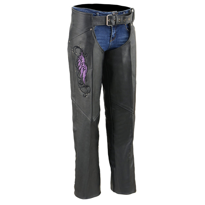 Milwaukee Leather women's black leather chaps with purple wing embroidery and classic design, motorcycle riding gear.