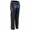 Milwaukee Leather Women's Winged Black and Purple Textile Chaps with winged design on the legs and adjustable waist.