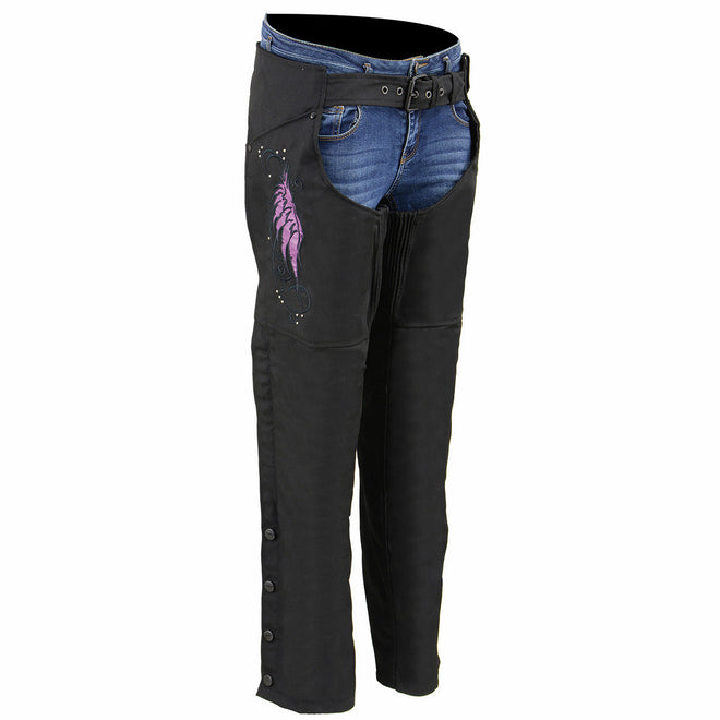 Milwaukee Leather Women's Winged Black and Purple Textile Chaps with winged design on the legs and adjustable waist.