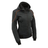 Milwaukee Leather women's black soft shell motorcycle jacket with armored details and attached hoodie, racing style design.