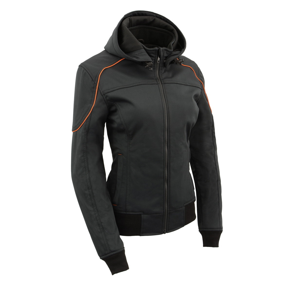 Milwaukee Leather women's black soft shell motorcycle jacket with armored details and attached hoodie, racing style design.