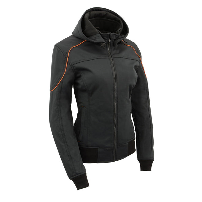Milwaukee Leather women's black soft shell motorcycle jacket with armored details and attached hoodie, racing style design.