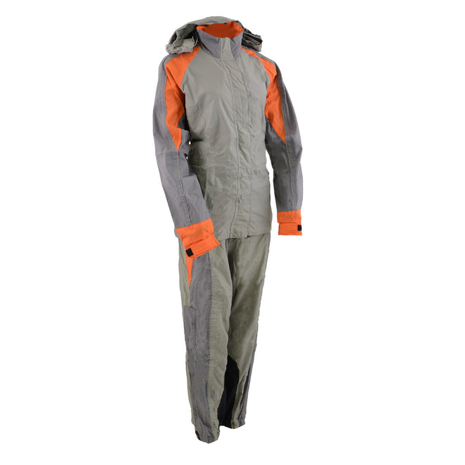 Milwaukee Leather Women's gray and orange waterproof rain suit with reflective piping, designed for water resistance and visibility.