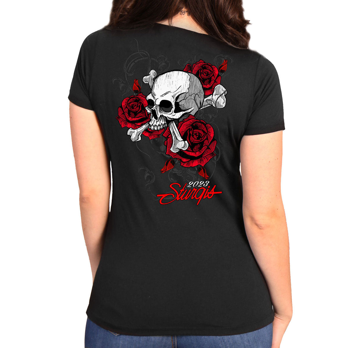 Women's Black Sturgis Rally Skull Rose T-Shirt by Hot Leathers, featuring a graphic of a skull and roses for 2023 motorcycle event.