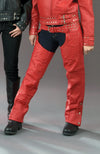 Milwaukee Leather women's red classic studded leather chaps with silver hardware and detailed stitching, designed for motorcycle riding.