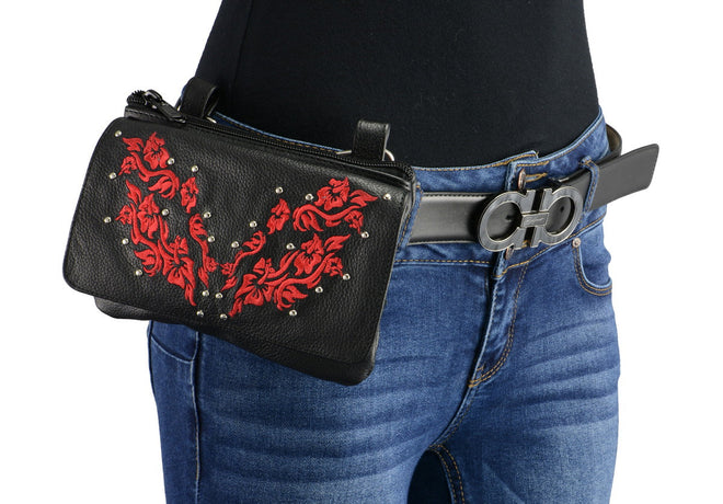 Milwaukee Leather Women's black and red leather belt bag with multiple pockets, designed for clip, thigh, or fan use.