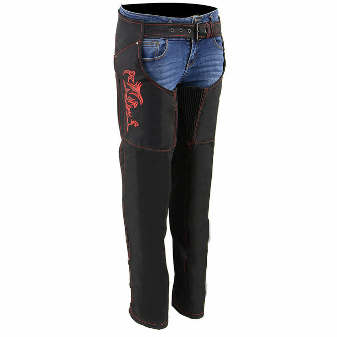 Milwaukee Leather women's black textile motorcycle riding chaps with red accents and tribal embroidery, designed for comfort and style.