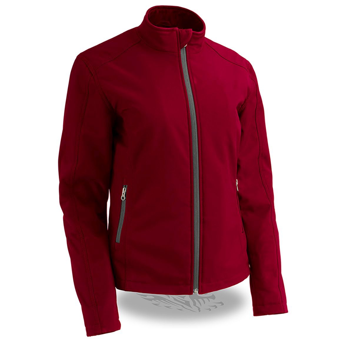 Milwaukee Leather women's red waterproof soft shell jacket with lightweight, soft fabric and a snug fit for outdoor wear.