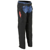 Milwaukee Leather women's black and red textile winged chaps with detailed stitching and adjustable straps.