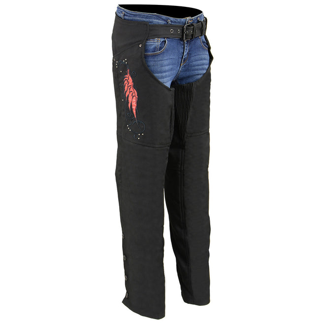 Milwaukee Leather women's black and red textile winged chaps with detailed stitching and adjustable straps.
