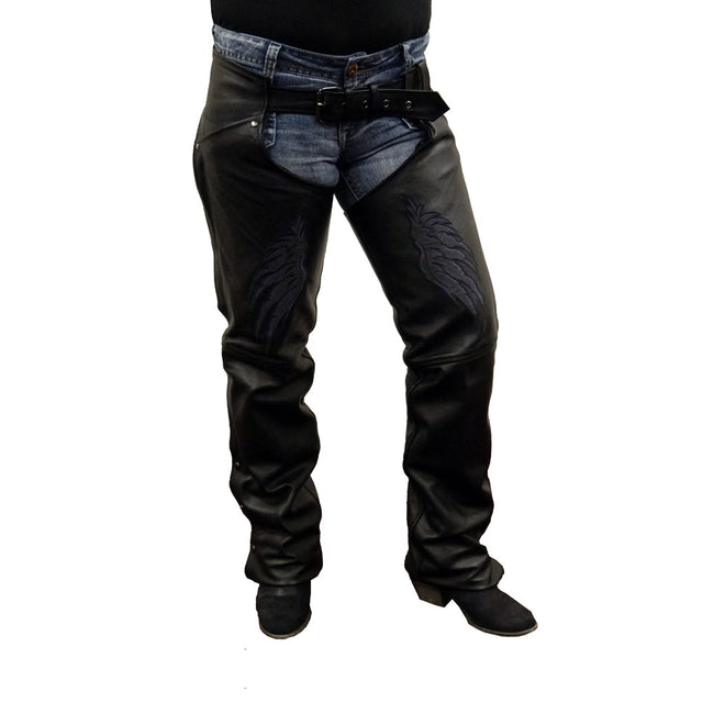 Milwaukee Leather ML1180 women's black leather chaps with reflective wing detail, designed for motorcycle riding.