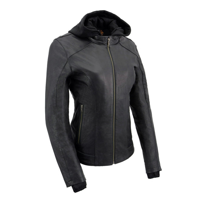 Milwaukee Leather women's black lightweight leather jacket with removable hoodie, stylish and casual outdoor wear.