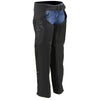 Milwaukee Leather women's black textile motorcycle riding chaps with tribal embroidery, designed for comfort and style.