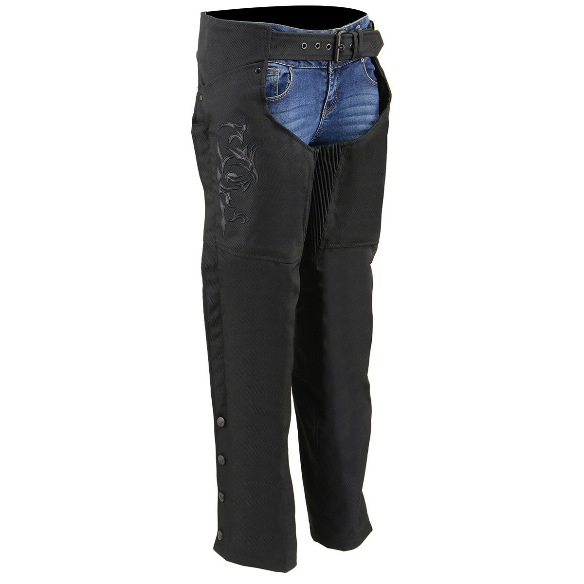Milwaukee Leather women's black textile motorcycle riding chaps with tribal embroidery, designed for comfort and style.