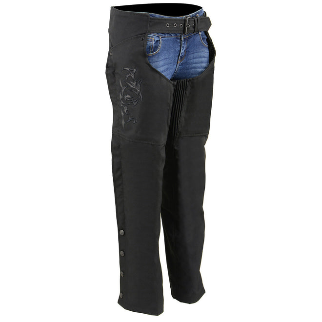 Milwaukee Leather women's black textile motorcycle riding chaps with tribal embroidery, designed for comfort and style.