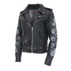 Women's black motorcycle leather jacket by Hot Leathers with rose embroidery, stylish and fitted for a bold look.