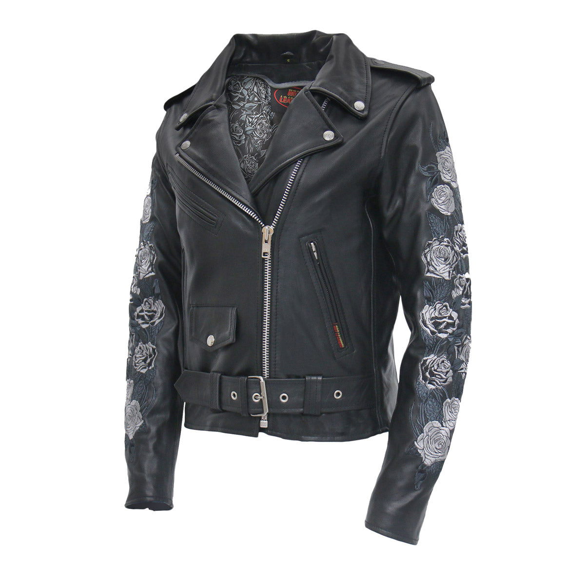 Women's black motorcycle leather jacket by Hot Leathers with rose embroidery, stylish and fitted for a bold look.