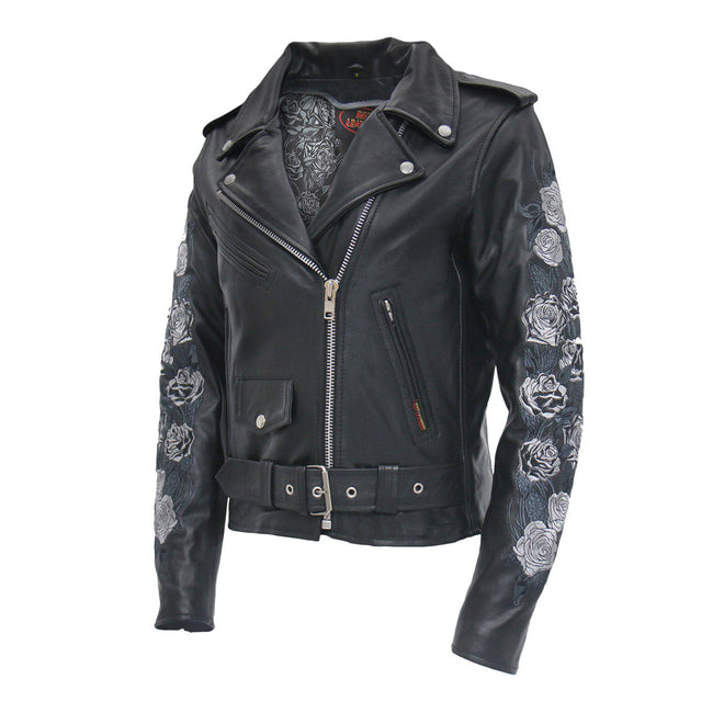 Women's black motorcycle leather jacket by Hot Leathers with rose embroidery, stylish and fitted for a bold look.