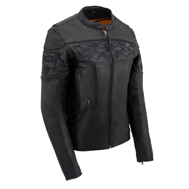 Milwaukee Leather women's black crossover leather scooter jacket with reflective skull graphic and stylish design.