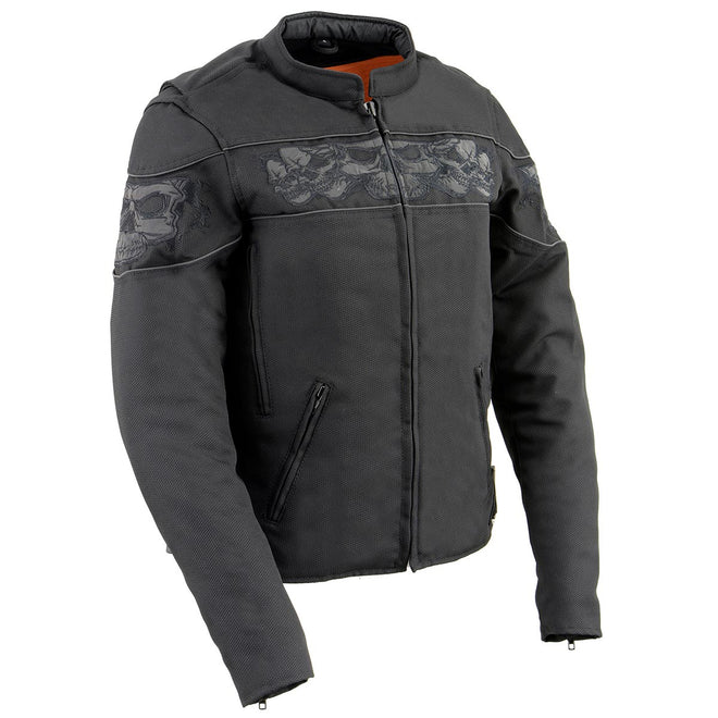 Milwaukee Leather women's black crossover textile scooter jacket with reflective skulls and sporty design.